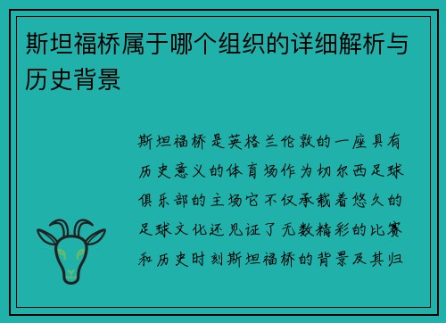 斯坦福桥属于哪个组织的详细解析与历史背景 斯坦福桥属于哪个组织的详细解析与历史背景